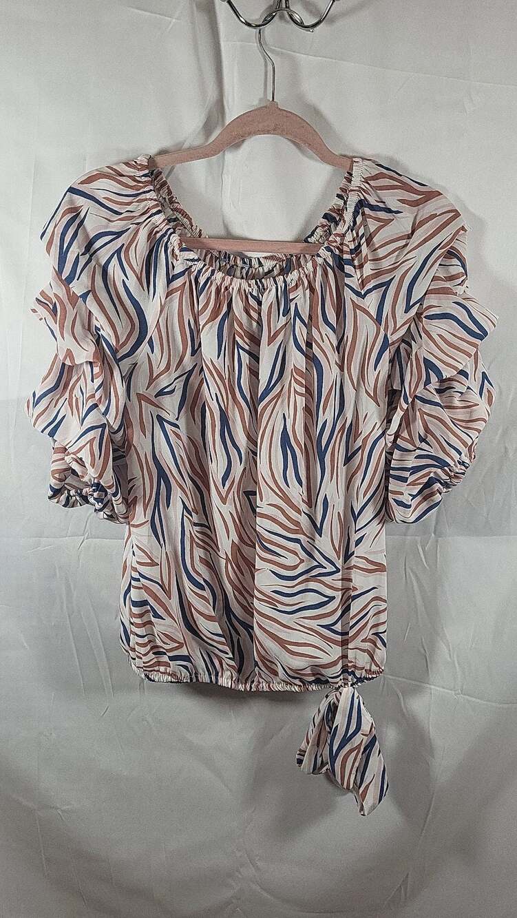 Rio Vibe Graphics Multicolor Ruffle Sleeve Tie-Front Boho Blouse